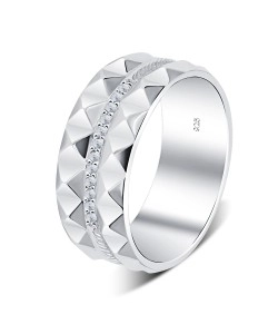 Serrated Pattern Shaped CZ Crystal Silver Ring NSR-4094